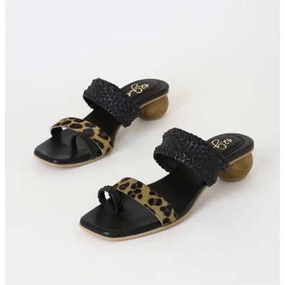 42 Gold Naya Tan and Black Leopard Pony Hair Slide Sandals Size 9 - Picture 1 of 9